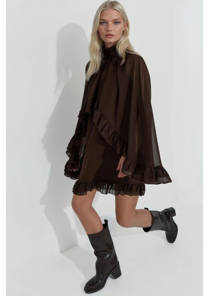 Kadın Dik Yaka Fırfırlı Şifon Mini Elbise Mocha Kahvesi