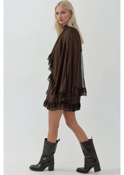 Kadın Dik Yaka Fırfırlı Şifon Mini Elbise Mocha Kahvesi