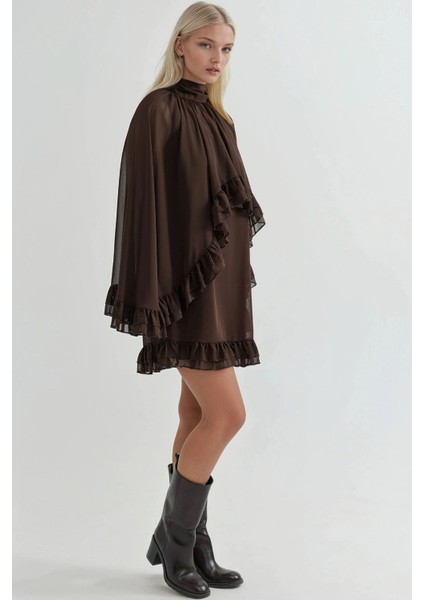 Kadın Dik Yaka Fırfırlı Şifon Mini Elbise Mocha Kahvesi