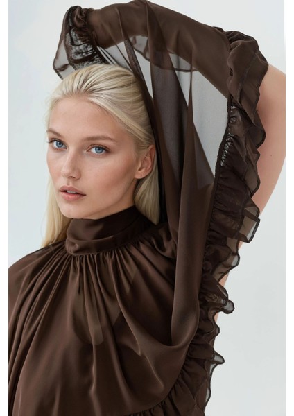 Kadın Dik Yaka Fırfırlı Şifon Mini Elbise Mocha Kahvesi