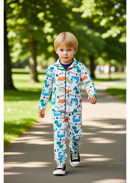 Dinozor Desenli Erkek Çocuk Uzun Kollu Pijama Takımı Kaliteli Şık Rahat Günlük
