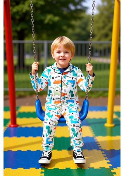 Dinozor Desenli Erkek Çocuk Uzun Kollu Pijama Takımı Kaliteli Şık Rahat Günlük modelleri