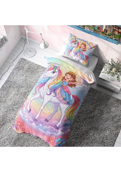 Unicorn Üstündeki Prenses Çocuk Nevresim Takımı (Çarşafsız)