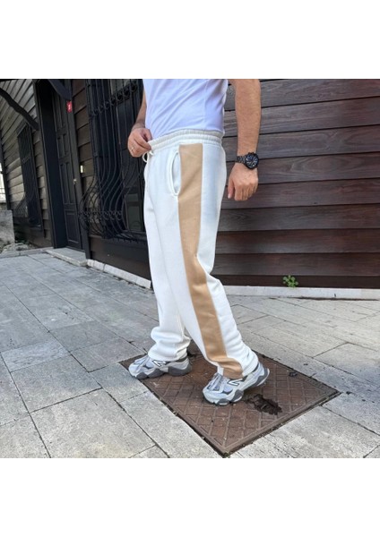 Erkek Üç Iplik Kışlık Pamuklu Yandan Garneli Kalın Bej Şeritli Cepli Eşofman Altı - Beyaz modelleri