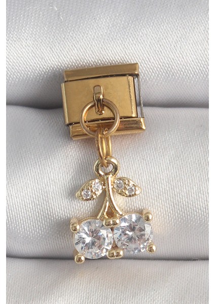 316L Çelik Gold Renk Sallantı Zirkon Taşlı Kiraz Model Nomination Charm - TJ-BC1356