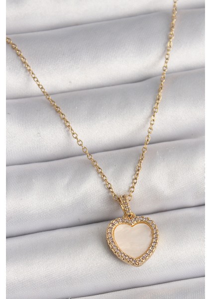 316L Çelik Gold Renk Zincir Zirkon Taşlı Beyaz Mineli Kalp Model Kadın Kolye - TJ-BKO9780