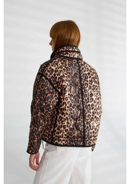 Kadın Leopar Desenli Kapitone Crop Şişme Mont Dik Yaka Kısa Kışlık Puffer Ceket indirimleri