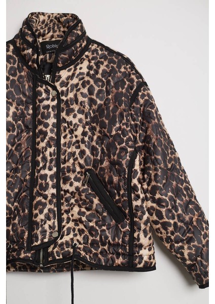 Kadın Leopar Desenli Kapitone Crop Şişme Mont Dik Yaka Kısa Kışlık Puffer Ceket