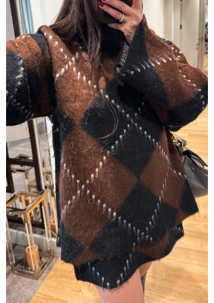 Özel Seri Baklava Desen Triko Kazak Takım- Kahverengi modelleri