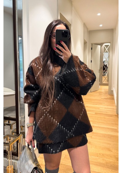 Özel Seri Baklava Desen Triko Kazak Takım- Kahverengi fırsatları