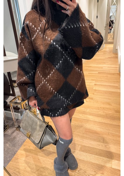 Özel Seri Baklava Desen Triko Kazak Takım- Kahverengi indirimleri