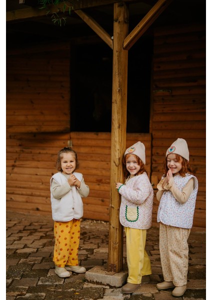 Lale Desenli Peluş Krem Yelek