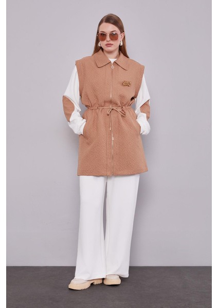 Camel Kendinden Desenli Yelekli Üçlü Takım