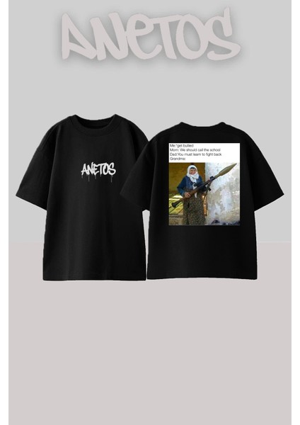 Roketci Teyze Tasarım Sırt Baskılı Pamuk Siyah Oversize T-Shirt