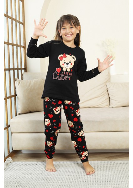 Kız Çocuk Ayıcık Baskılı %100 Pamuk Interlok Kumaş Pijama Takımı 12347