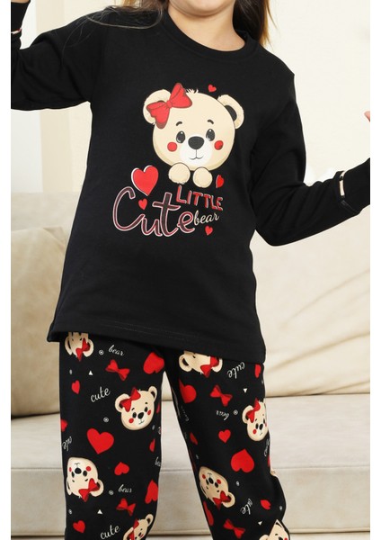 Kız Çocuk Ayıcık Baskılı %100 Pamuk Interlok Kumaş Pijama Takımı 12347 indirimleri