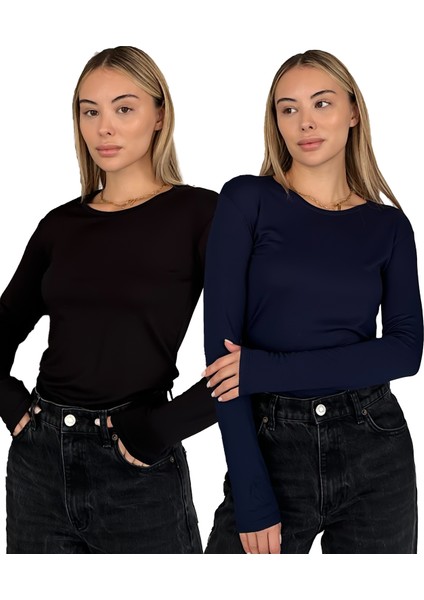 Kadın Uzun Kollu Bisiklet Yaka Penye Body 2'li Set