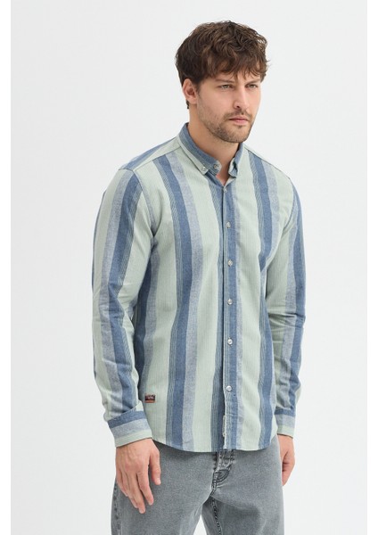 Regular Fit Pamuk Karışımlı Melanj Çizgili Düğmeli Yaka Erkek Gömlek modelleri