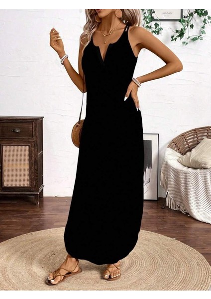 Kadın Askılı Yuvarlak Yaka Asimetrik Detaylı Viskon Elbise fırsatları