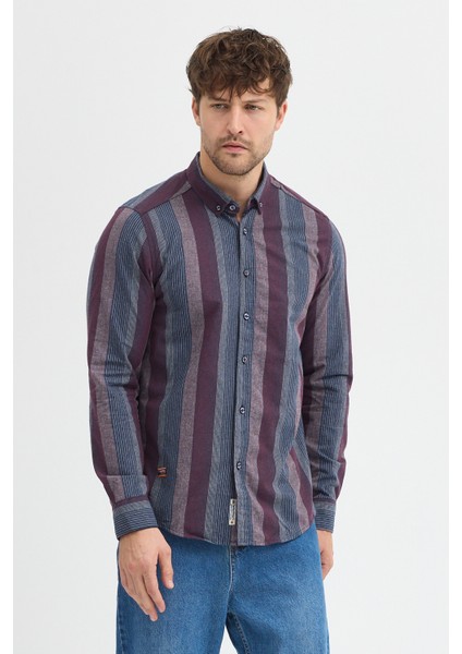 Regular Fit Pamuk Karışımlı Melanj Çizgili Düğmeli Yaka Erkek Gömlek modelleri