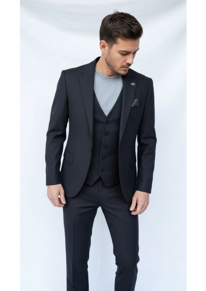 Siyah Fitilli Kadife Erkek Takım Elbise – 3 Parça Yelekli, Şık ve Modern Slim Fit Kesim