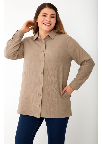 Kadın Büyük Beden Vizon, Bürümcük Kumaş Gömlek 65N39133