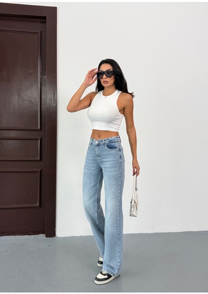 N91 Wide Leg Jean Yüksek Bel Buz Mavi Pantolon