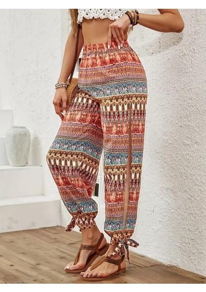 Kadın Yüksek Belli Yanlardan Yırtmaç Detaylı Desenli Bürümcük Pantolon fırsatları