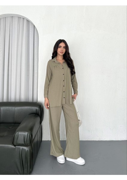 Yakalı Düğmeli Uzun Kollu Gömlek Pantolon Ikili Takım - Bej fırsatları