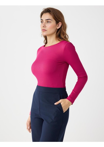Fuşya Dar Kesim Kayık Yaka Örme Bluz modelleri