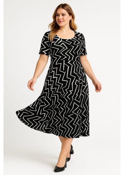 Kadın Büyük Beden Bej-Siyah, Bisiklet Yaka Viskon Elbise 65N39156