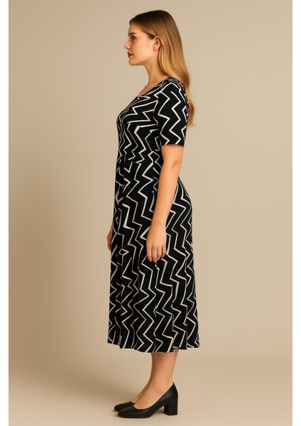 Kadın Büyük Beden Bej-Siyah, Bisiklet Yaka Viskon Elbise 65N39156 modelleri