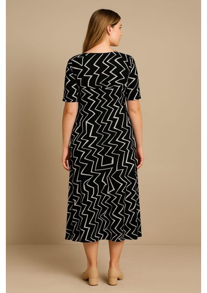 Kadın Büyük Beden Bej-Siyah, Bisiklet Yaka Viskon Elbise 65N39156 fırsatları
