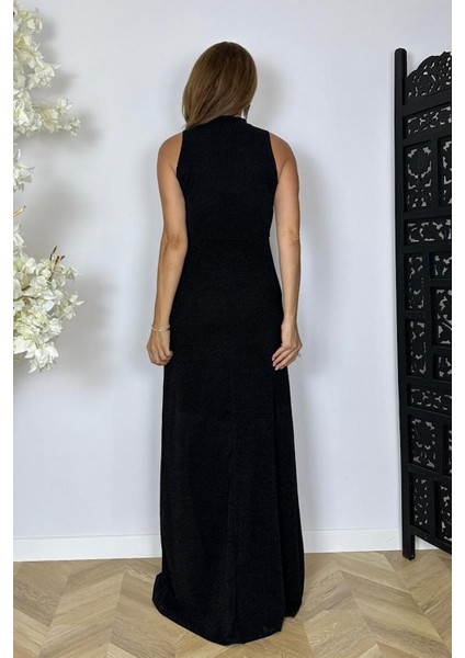 G1538 Yarım Balıkçı Taş Detaylı Abiye Elbise Siyah modelleri