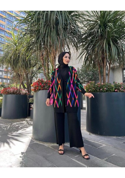 Hırkalı Ikili Takım Çok Renkli Triko Siyah