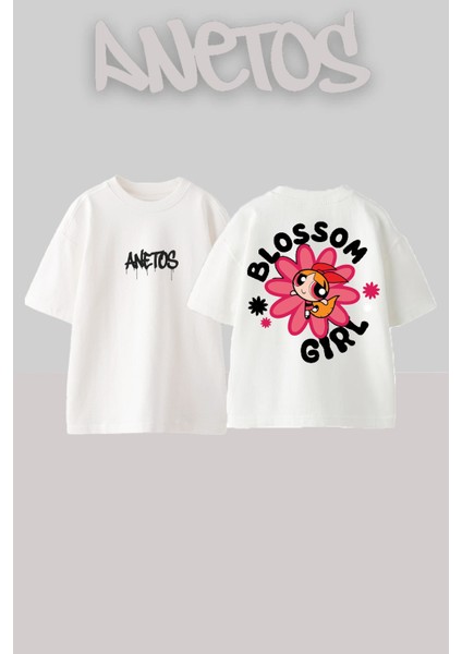 Blossom Girl Tasarım Sırt Baskılı Pamuk Beyaz Oversize T-Shirt