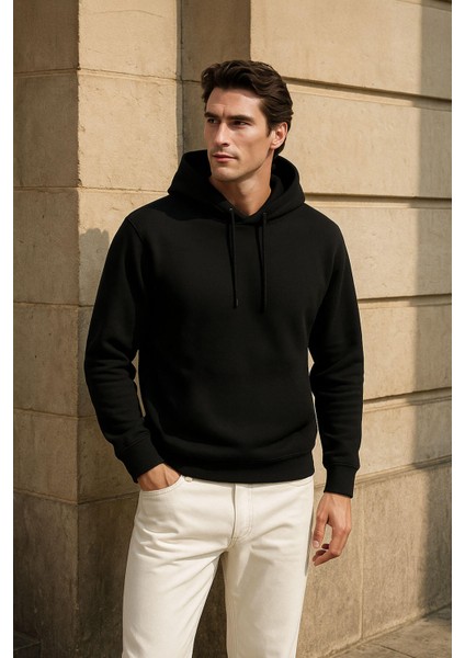Erkek Kapüşonlu Içi Polarlı Siyah Sweatshirt