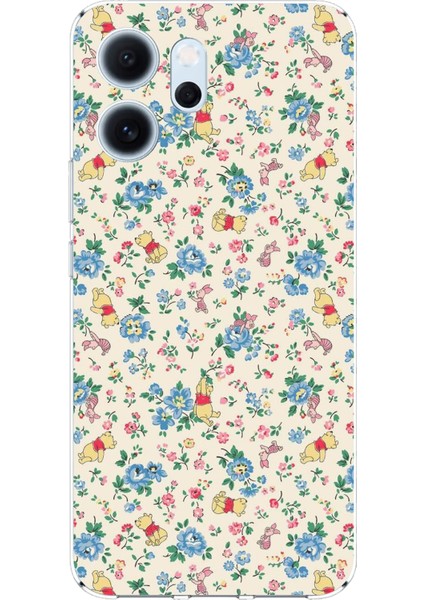Oppo Reno 14F Uyumlu Ayı Winnie Pooh ve Çiçekler Baskılı Silikon Kılıf
