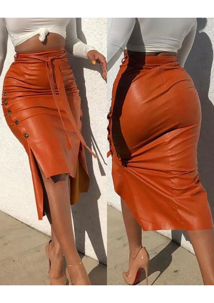 Kadın Yüksek Bel Kuşaklı Yanlardan Düğmeli Mini Deri Etek