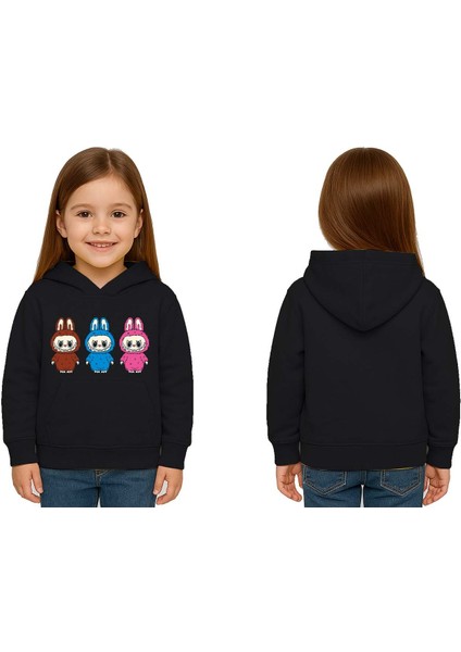 Unisex Baskılı Çocuk Swaetshirt Labubu Baskılı Kapüşonlu 3 Iplik Şardonlu