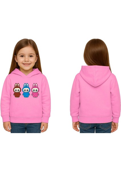 Unisex Baskılı Çocuk Swaetshirt Labubu Baskılı Kapüşonlu 3 Iplik Şardonlu