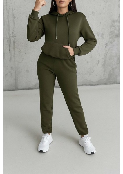 Kadın Uzun Kollu Kapşonlu Bağcıklı Üç Iplik Bluz ve Pantolon Ikili Takım