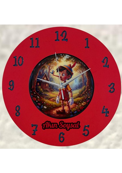 Kişiye Özel Isimli Pinokyo Masalı Çocuk Odası Duvar Saati | Epoksi Resimli & Rakamlı | 35 cm