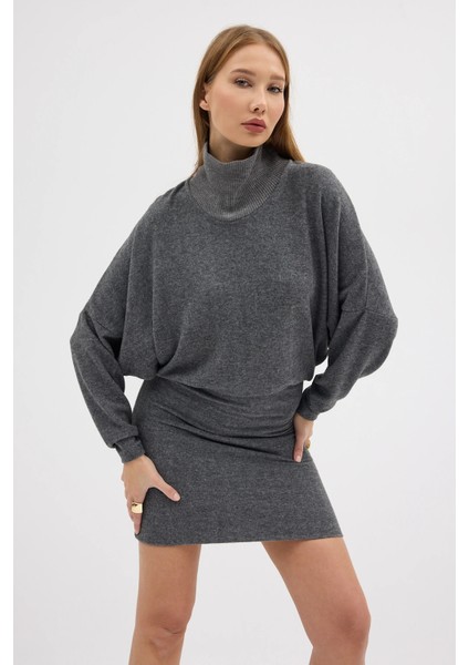 Gri Balıkçı Kaşkorse Yaka Etek Boyu Ayarlanabilir Yarasa Kesim Elbise Gündüz Gece Şıklığı 25L8145 modelleri