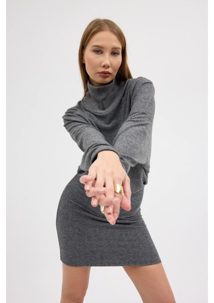 Gri Balıkçı Kaşkorse Yaka Etek Boyu Ayarlanabilir Yarasa Kesim Elbise Gündüz Gece Şıklığı 25L8145 indirimleri