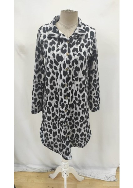 Kadın Uzun Kollu Yakalı Önden Düğmeli Leopar Desenli Modal Midi Elbise