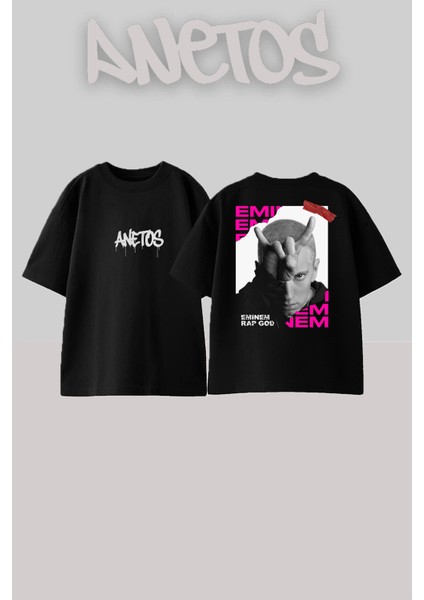 Eminem 1 Tasarım Sırt Baskılı Pamuk Siyah Oversize T-Shirt