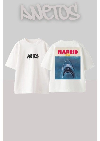 Shark Tasarım Sırt Baskılı Pamuk Beyaz Oversize T-Shirt