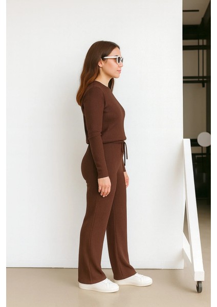 Kadın Fitilli Uzun Kollu Esnek Palazzo Paça Alt Üst Takım modelleri