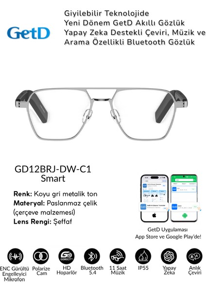 Gd-Dwc1 Getd Metal Çerçeve Akıllı Gözlük – Çeviri, Müzik ve Arama Özellikli Bluetooth Gözlük
